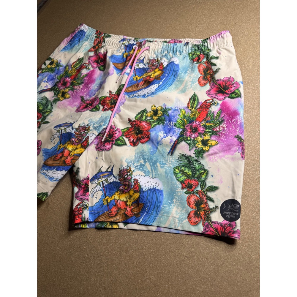 Psycho Tuna Mens XL Swim Trunks Tiki Surf Parrot Tropical Floral Board Shorts